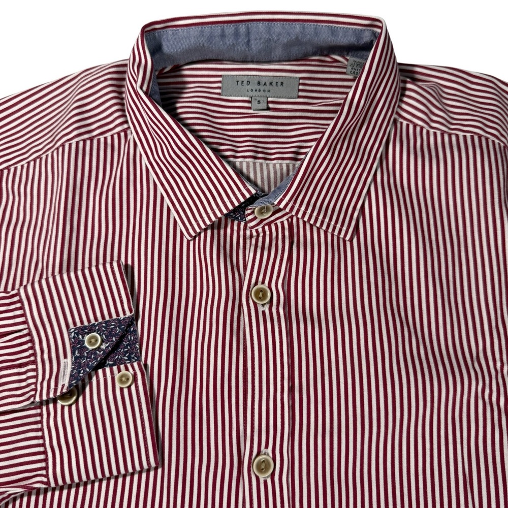 Ted Baker London Men's Striped Dress Shirt Burgundy White Cotton Blend Size 5‎